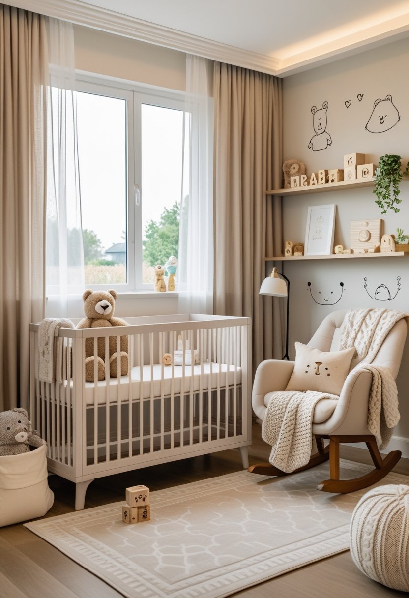 A baby boy nursery with a crib, teddy bear toys, rocking chair, shelves with decor, and soft natural lighting.